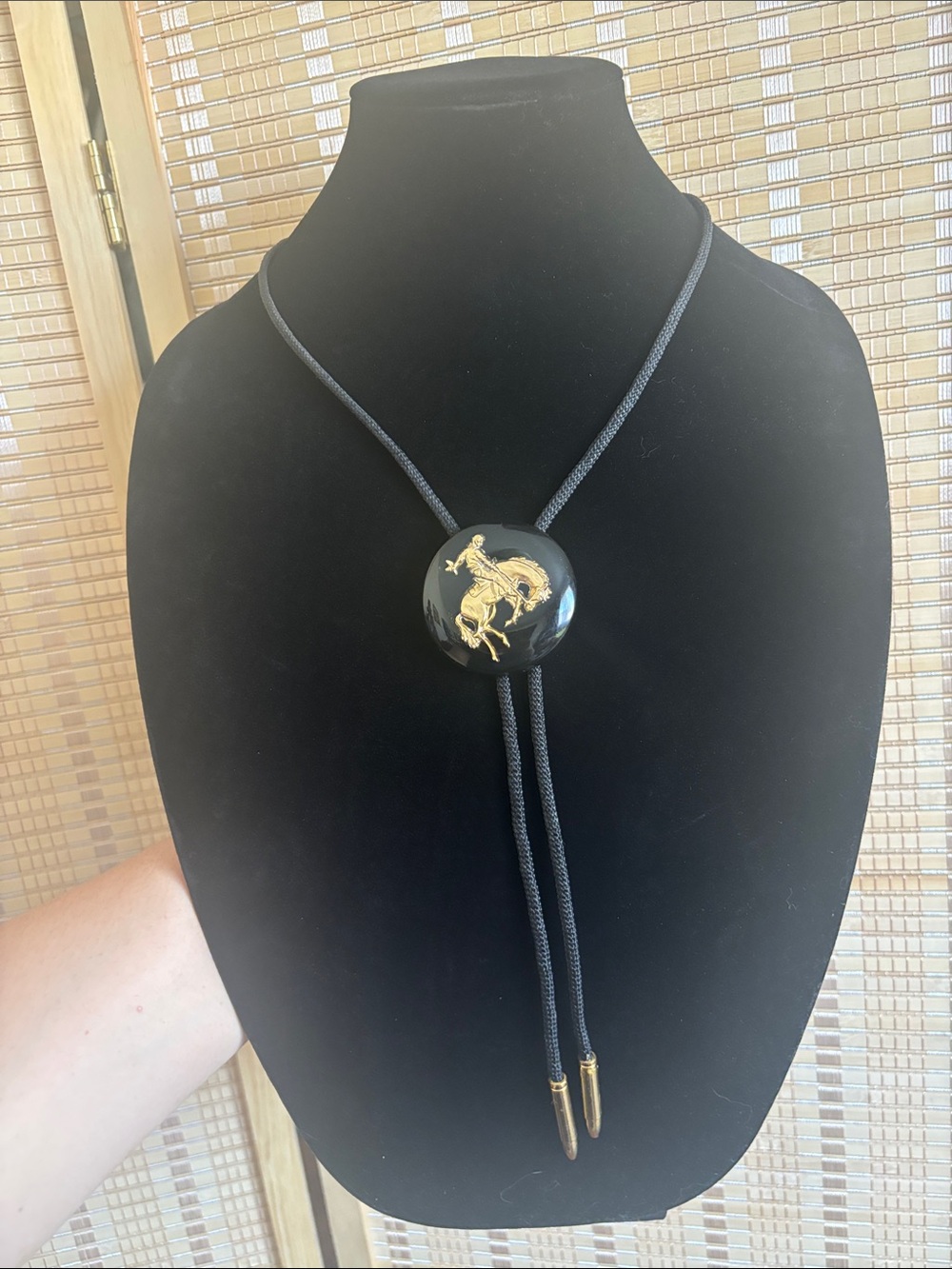 Black and Gold Western Bolo Necklace with Horseman Medallion